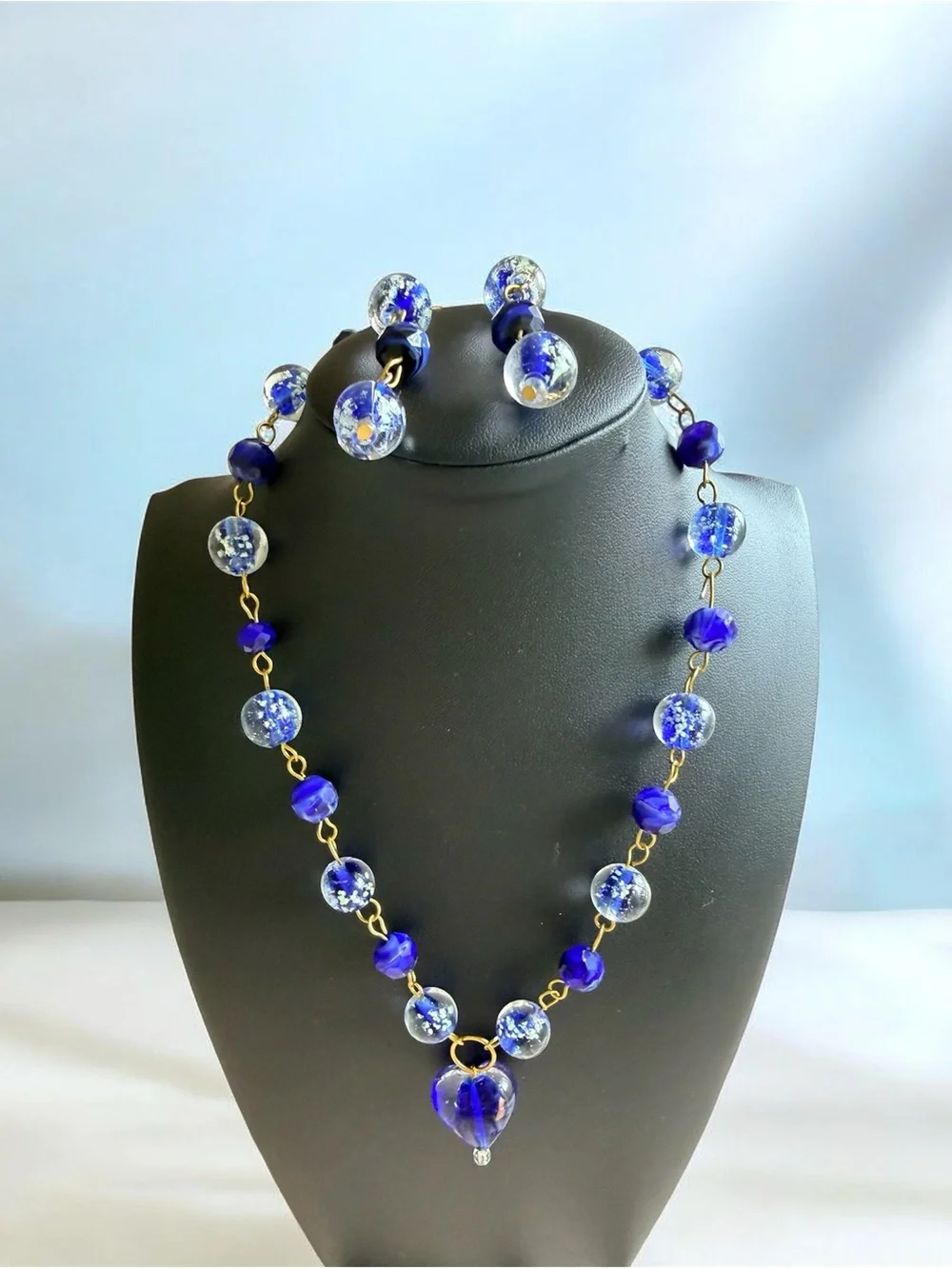 Cobalt Blue Glass Heart Pendant Necklace - Elegant Beaded Statement